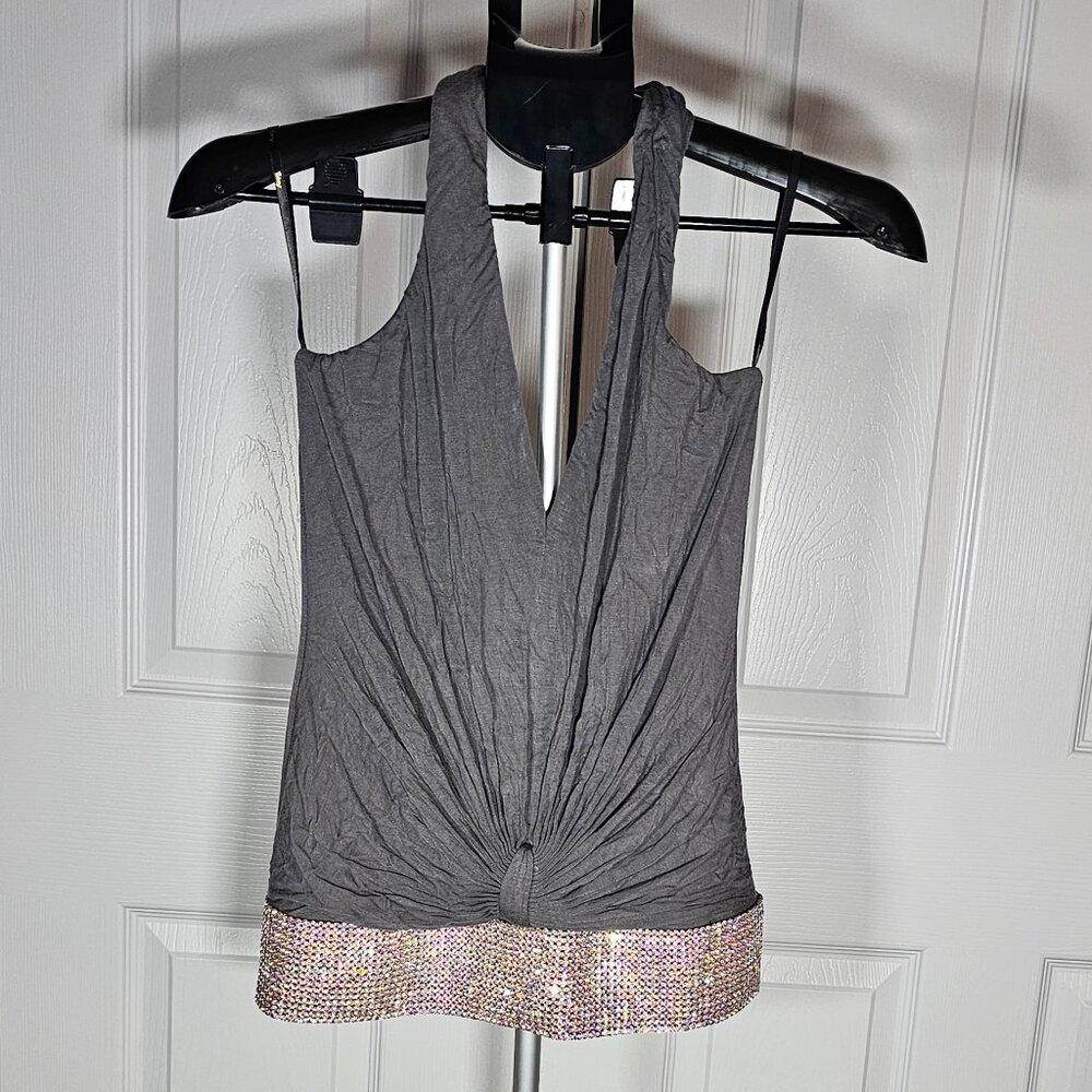 Sky Womens Grey Halter Top with Rhinestones Size Large